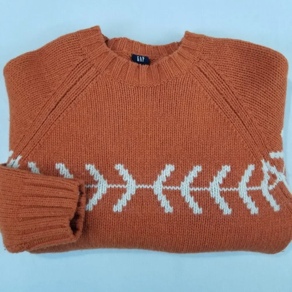 GAP Sweater Womens Small Orange Lambswool Raglan Knit Fishbone Art to Wear